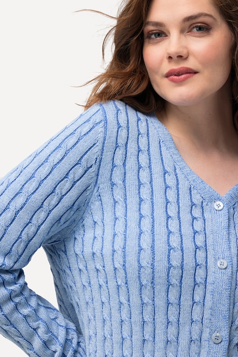 Strickjacke, Zopfmuster, Two-Tone-Feinstrick, V-Ausschnitt