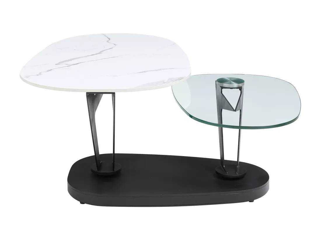 Table basse avec plateaux pivotants en céramique, verre trempé et métal - Effet marbre blanc - NADRYA de Maison Céphy