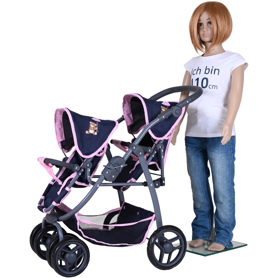 knorr toys® Zwillingspuppenwagen Milo - Navy pink bear blau