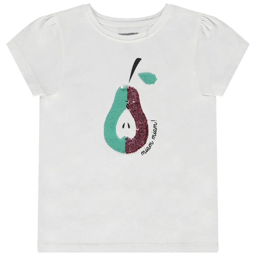 T-shirt manches coures print fruit en sequins magiques pour fille - Blanc