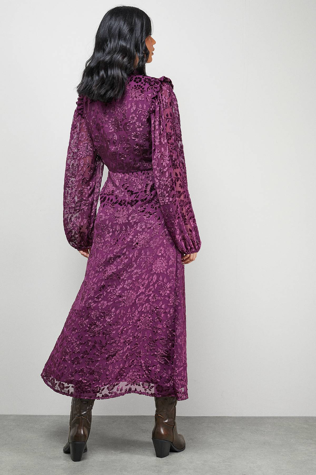 Warehouse Robe Midi en Velours Dévoré à Volants aux Épaules et Lien Devant