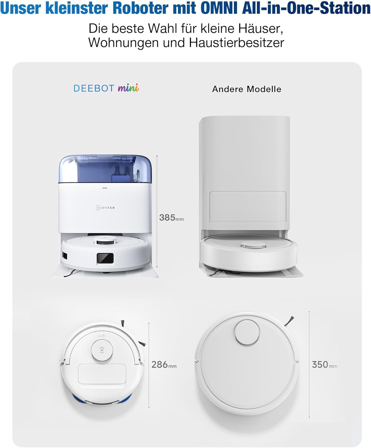 ECOVACS DEEBOT MINI Saugroboter mit Wischfunktion, 9.000 Pa Saugkraft, ZeroTangle 2.0, TrueMapping 2.0, 45 ℃ Heißlufttrocknung, intelligente Tiefenreinigung, Selbstreinigung per Knopfdruck, Blau