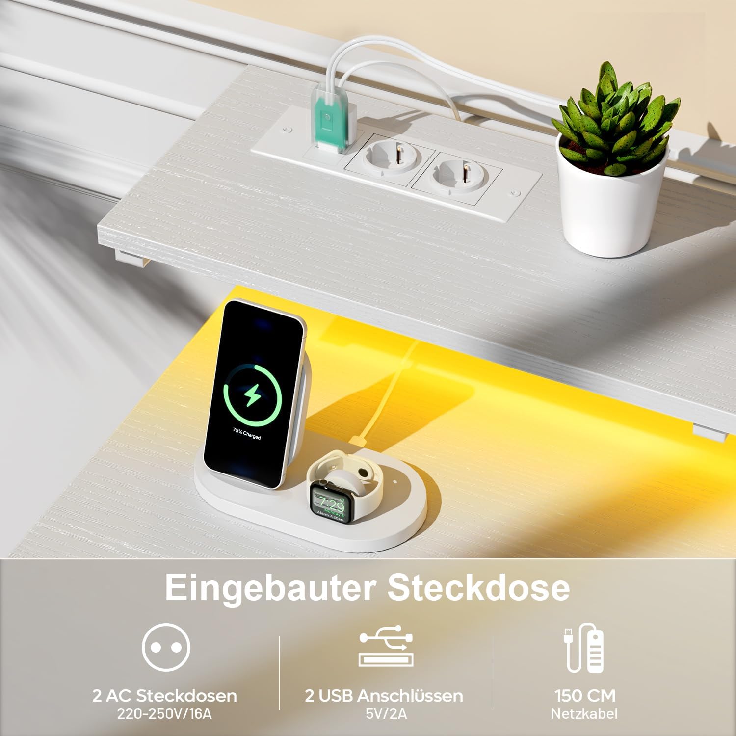 Schreibtisch mit 8 Schubladen, Computertisch mit 2 Steckdosen und 2 USB Ladeanschluss, Bürotisch mit LED und Monitorständer, PC Tisch für Büro, Wohnzimmer, 120 x 50 x 74 cm, Weiß