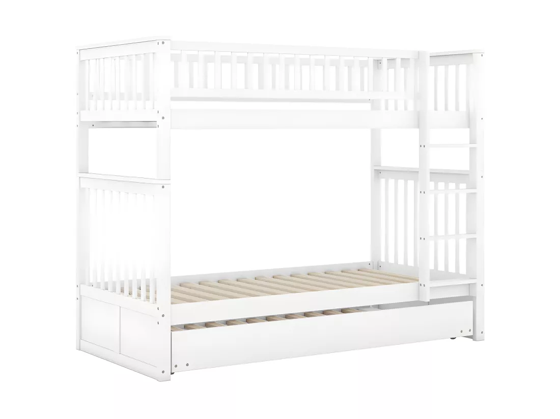 Lit superposé 2x90x200cm avec un lit gigogne 90x190cm - avec garde-corps et escalier - Blanc