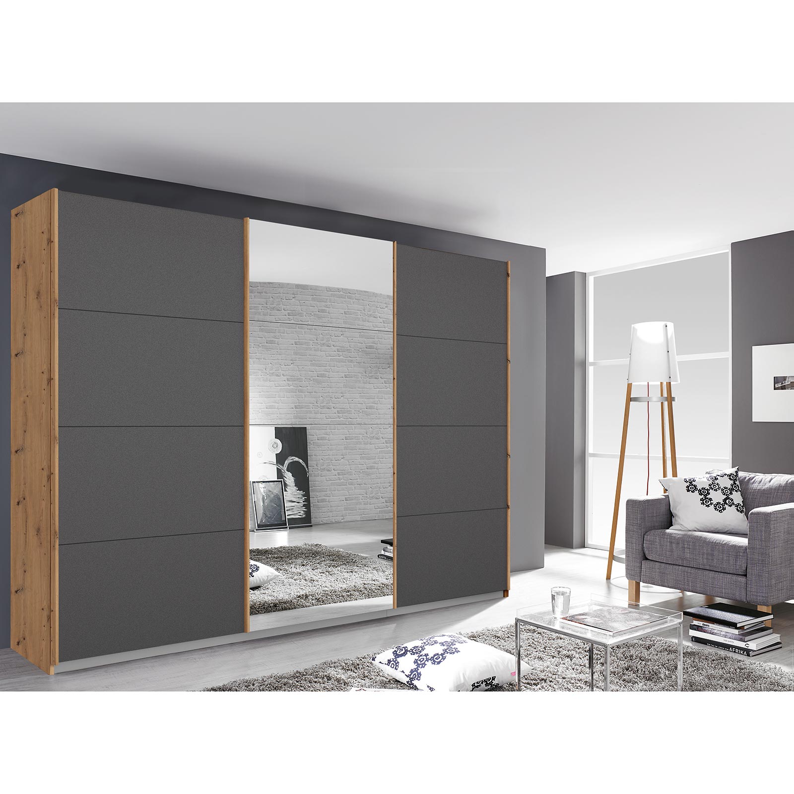 Schwebetürenschrank - grau metallic - Eiche Artisan - mit Spiegel - 271x210 cm