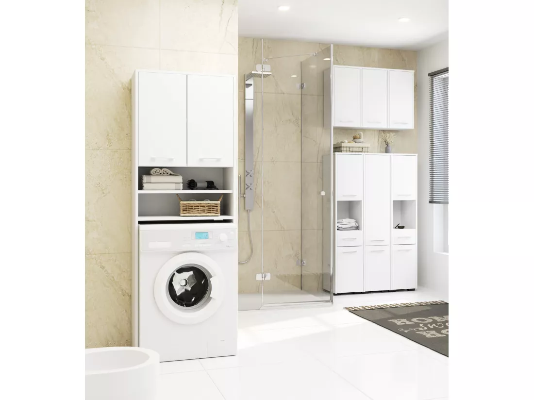 Meuble pour machine à laver FIN Blanche 64 cm 2 portes façade Blanche niche 4 étagères 64x30x180 cm