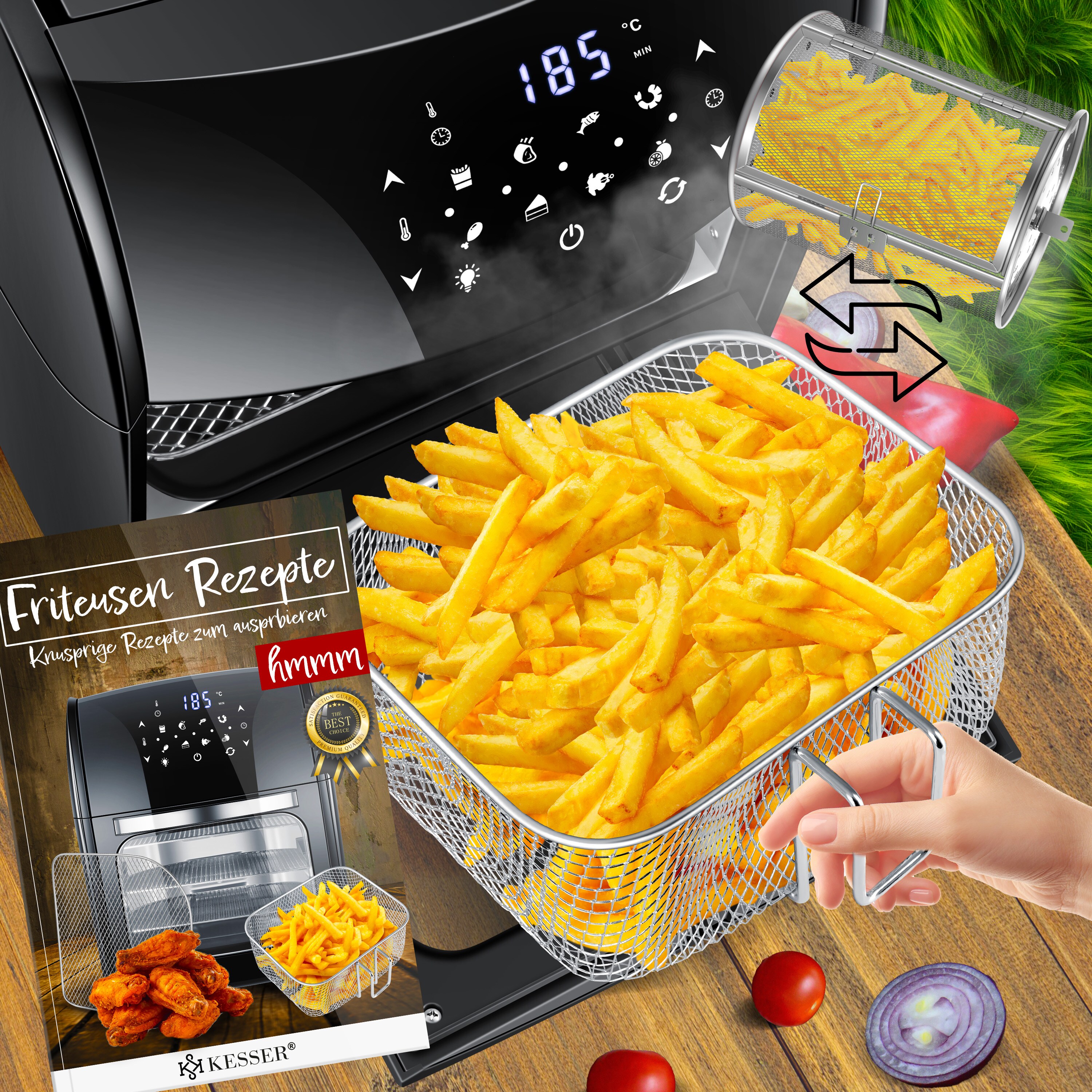 KESSER® XXL Airfryer 9in1 Heißluftfritteuse Fritteuse Drehgrill Mikrowellen Rezeptheft Grillspieß 1800 Watt fettfrei grillen 8 Programme inkl. Zubehör