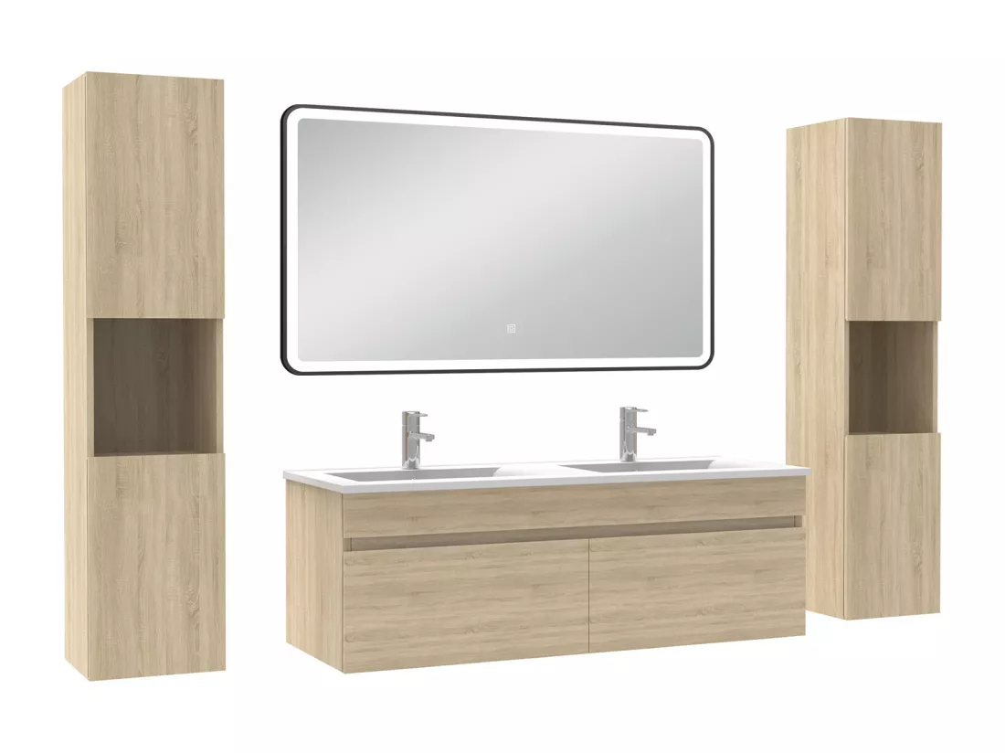 Meuble double vasque 120cm avec colonne + miroir 3 couleurs + dimmable chêne wotan