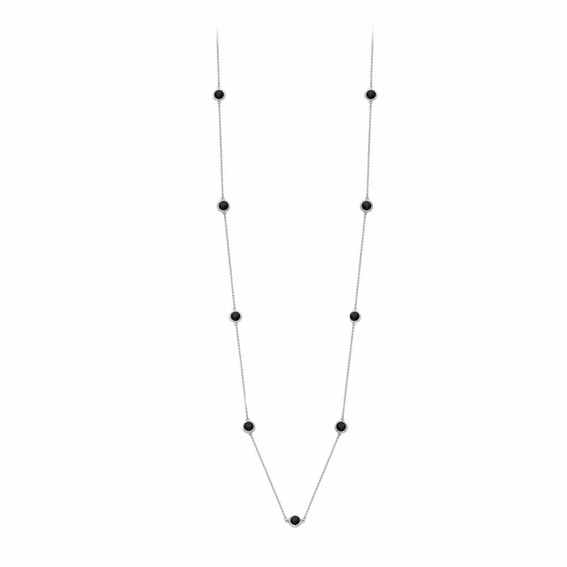 Collier Argent Rhodié Sautoir Goutte De Cristal Pierres Noire
