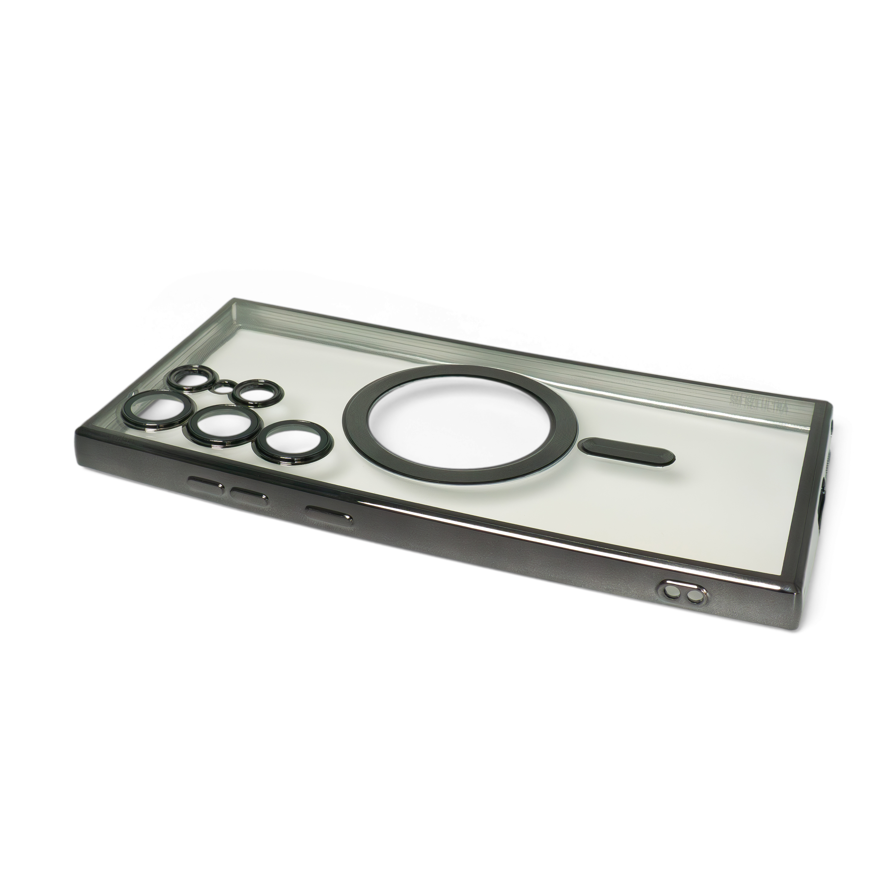 Samsung Galaxy S23 Ultra 5G Magnetische Gummi Case Hülle Galvanisierter Rahmen Magsafe-Modul   Kameraglasschutz - Silber / Transparent