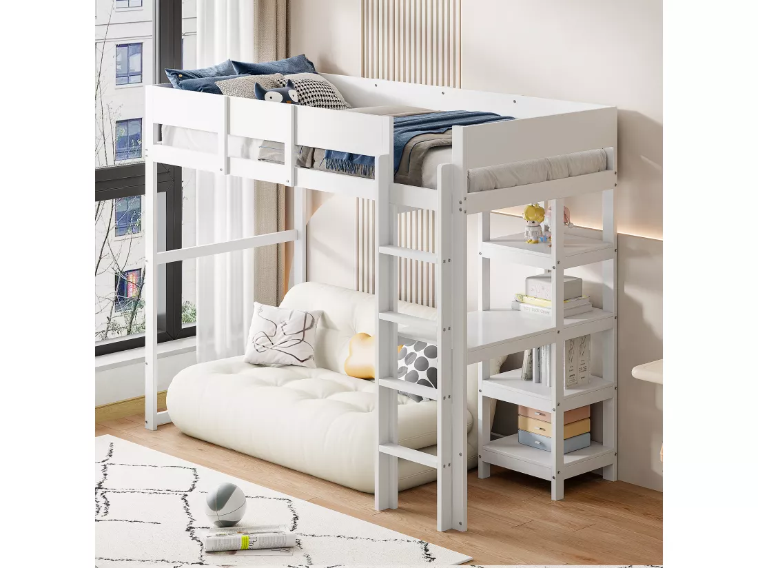 Lit mezzanine 90 x 200 cm avec étagère de rangement pour enfant - bois de pin et MDF - blanc