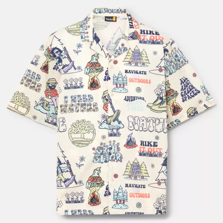 Chemise à motif et col cubain unisexe en beige