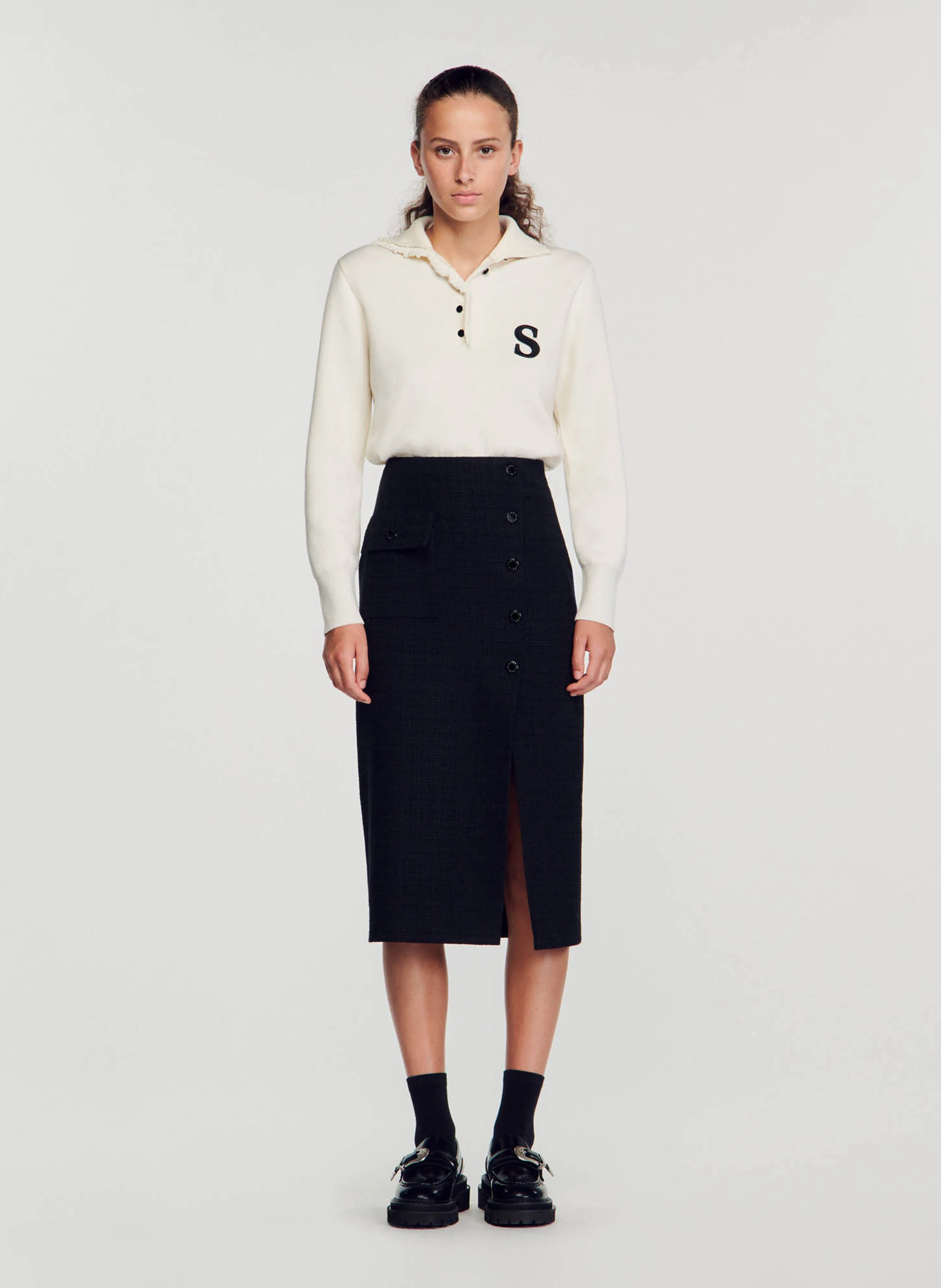 Jupe en tweed mi longue en coton mélangé | Noir