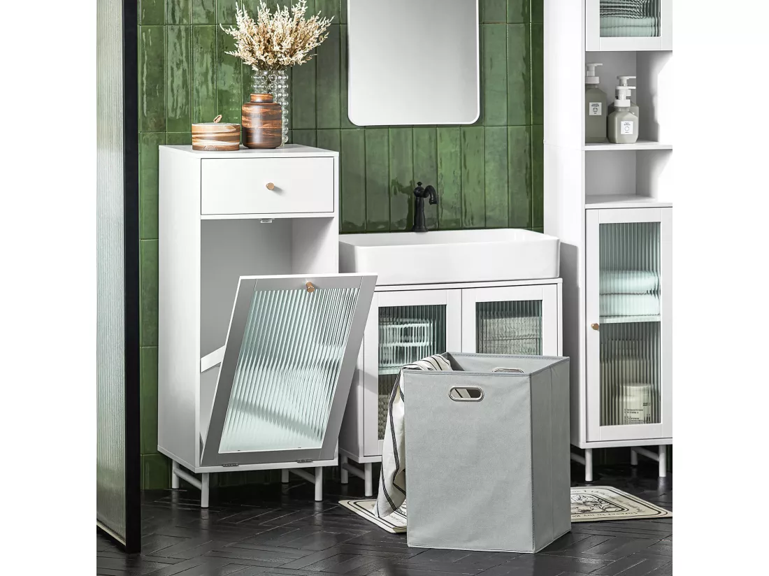 SoBuy BZR116-W Armoire à Linge Meuble Bas de Salle de Bain sur Pieds Meuble Salle de Bain avec 1 tiroir, 1 Porte en Verre et 1 Panier à Linge Amovible