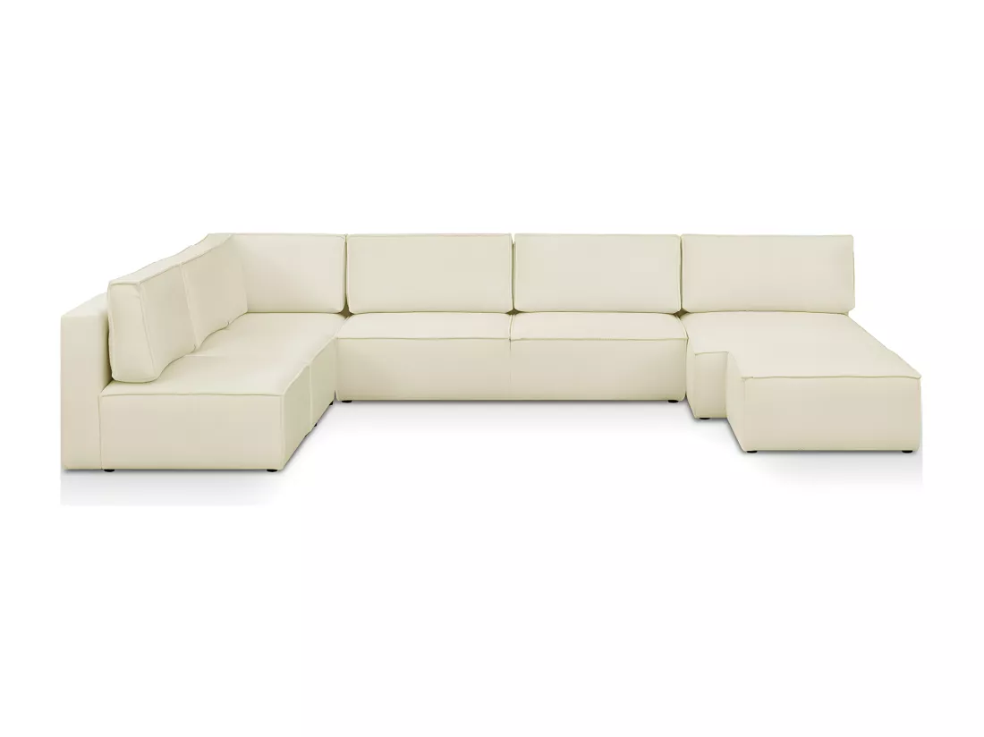 Canapé d'angle à gauche panoramique modulable convertible 10 places avec pouf en tissu bouclé écru - Harper Mod