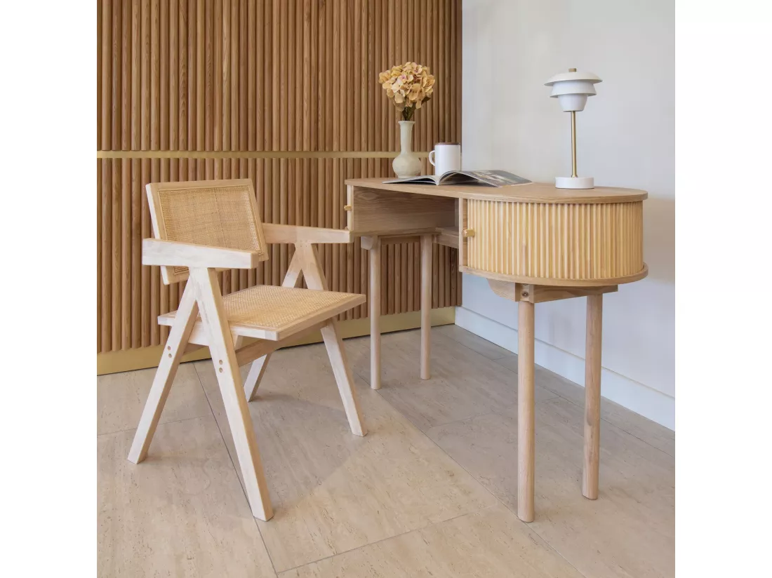 Now's Home - Chaise De Bureau En Bois De Pin Et Cannage Rotin 50x52x80cm Hector