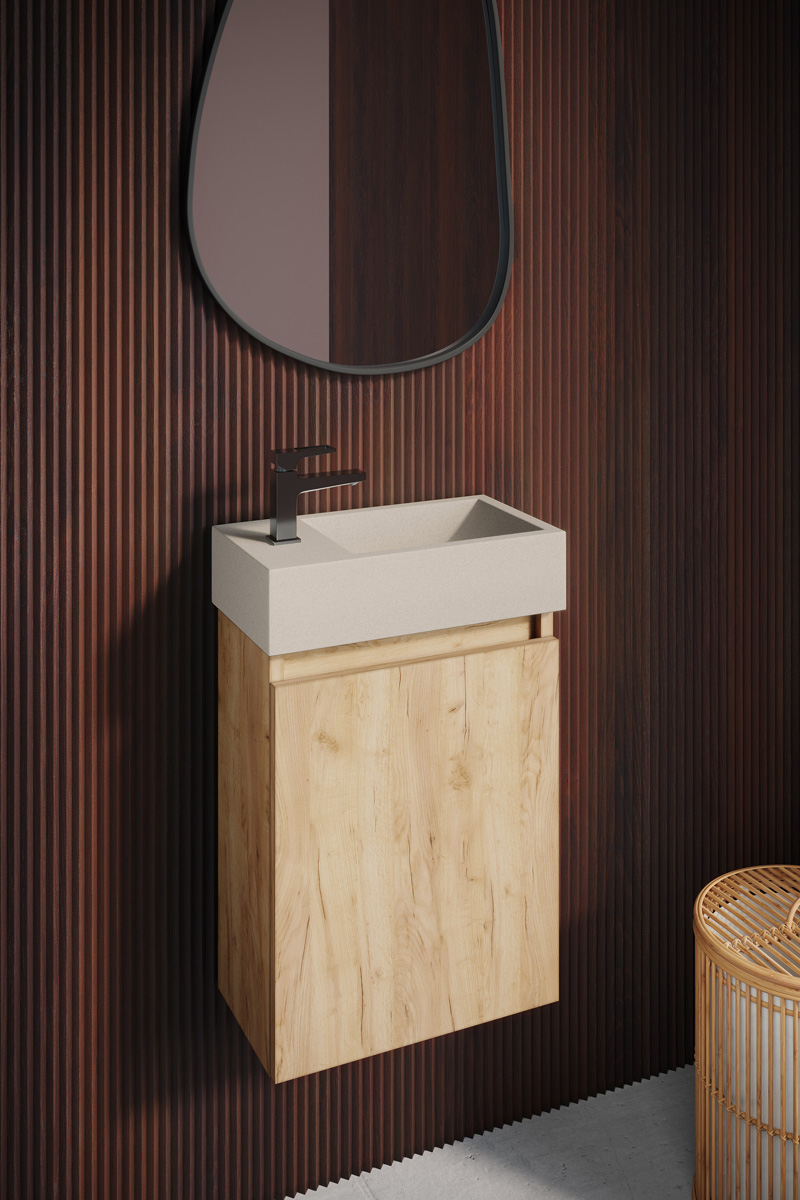 Fontana Crest toiletmeubel warm eiken 40x22cm met beige fontein links