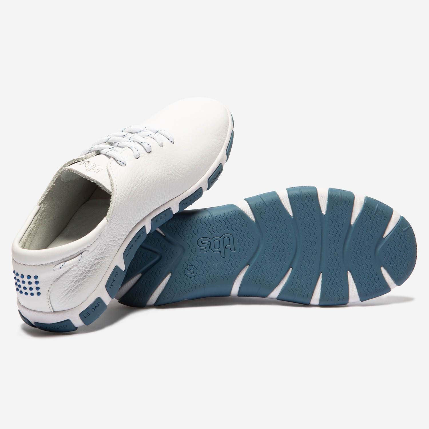 Tennis Femme En Cuir Blanc Semelle Bleue