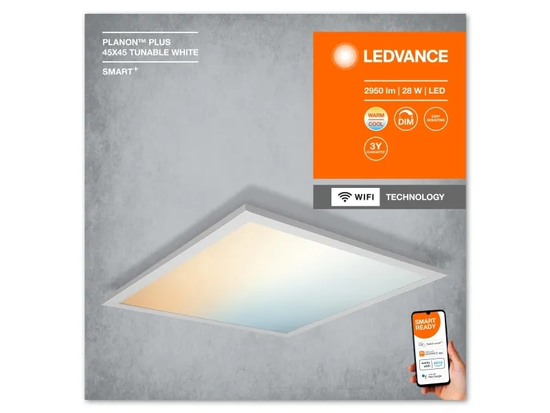 LEDVANCE SMART  Planon Plus, Intelligent loftslys, Wi-Fi, Hvid, Aluminium, Polymethylmethacrylat (PMMA), 3000 K, 6500 K