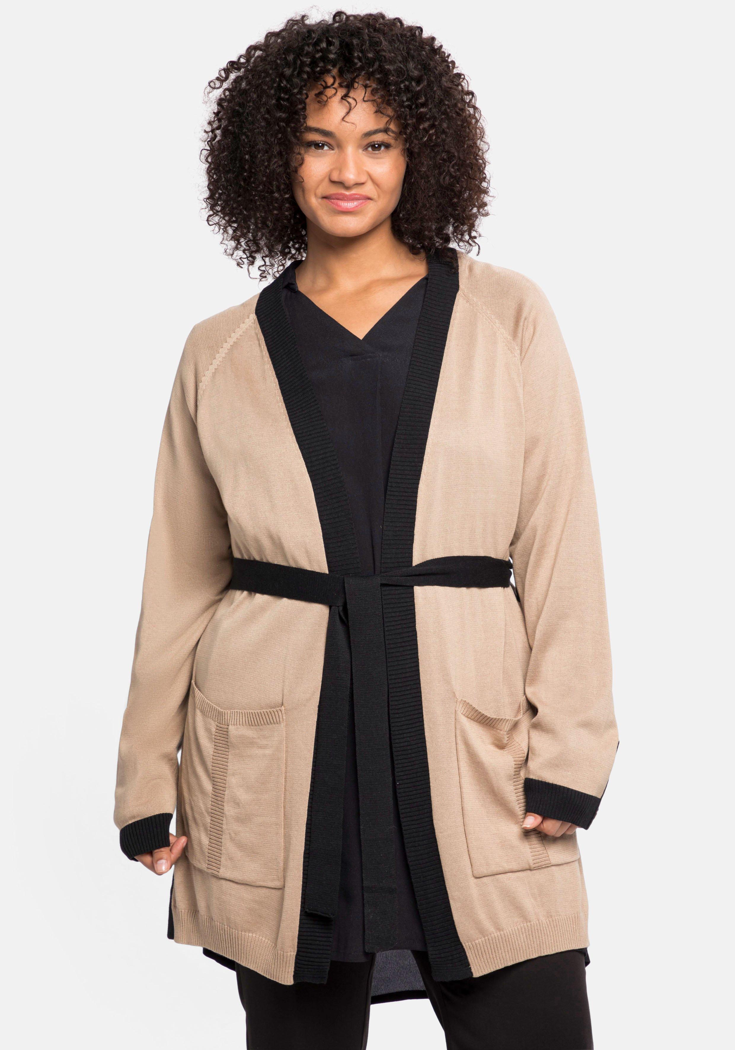 Strickjacke mit Bindegürtel und Kontrastdetails