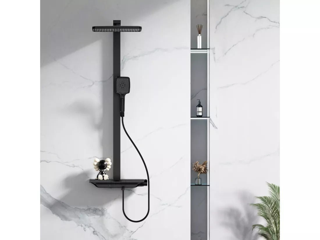 Colonne de Douche Thermostatique 40℃ avec plaque thermostatique de 40 cm Ensemble de Douche en Laiton douchette à main avec 4 intensités de jet