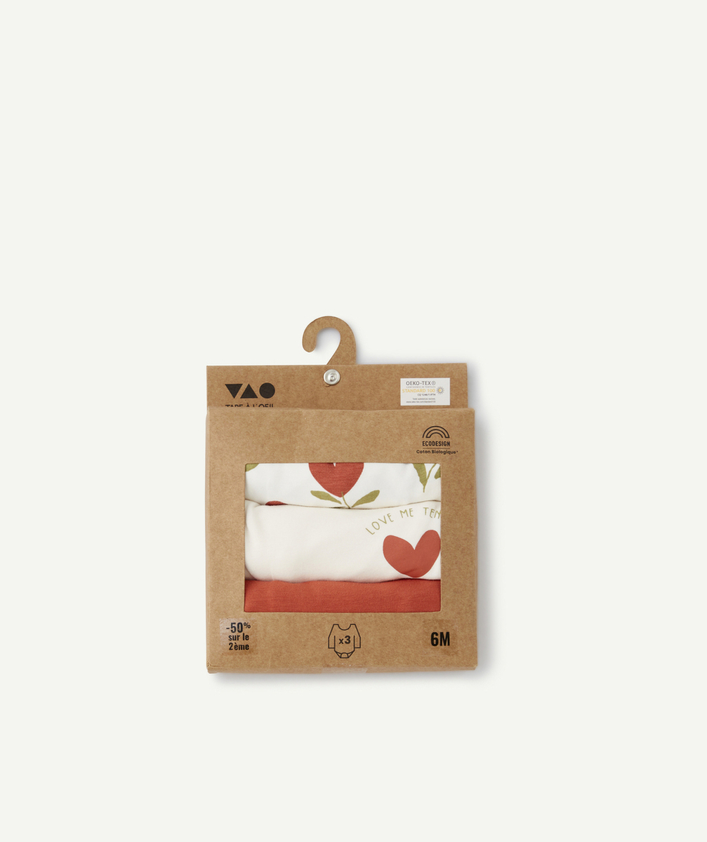 LOT DE 3 BODIES EN COTON BIO ROUILLE ET BLANC AVEC COEURS