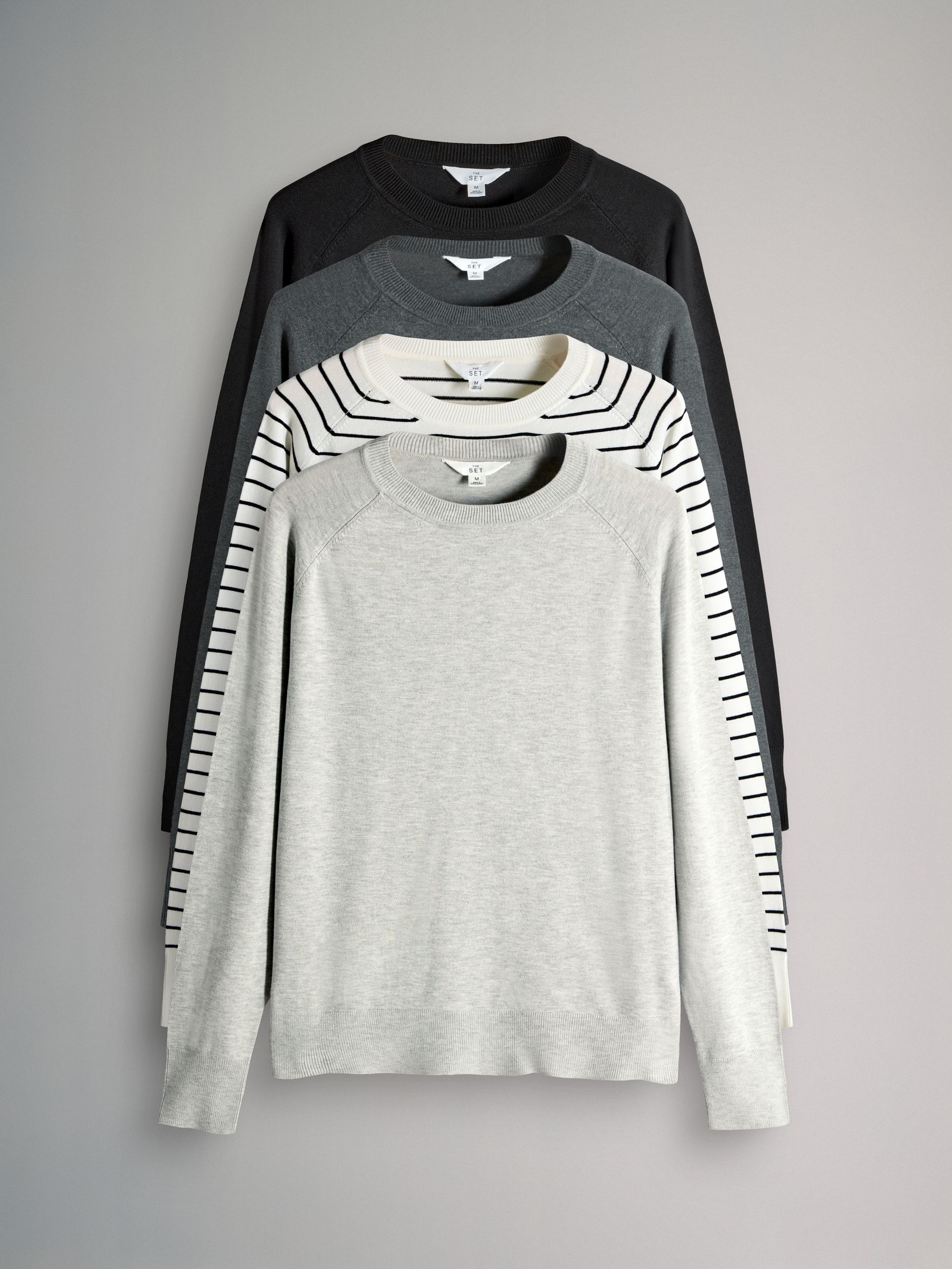 Zwart/Antraciet/Grijs/Zwart & Crème Strepen - The Set Fine Knit Crew Neck Jumpers