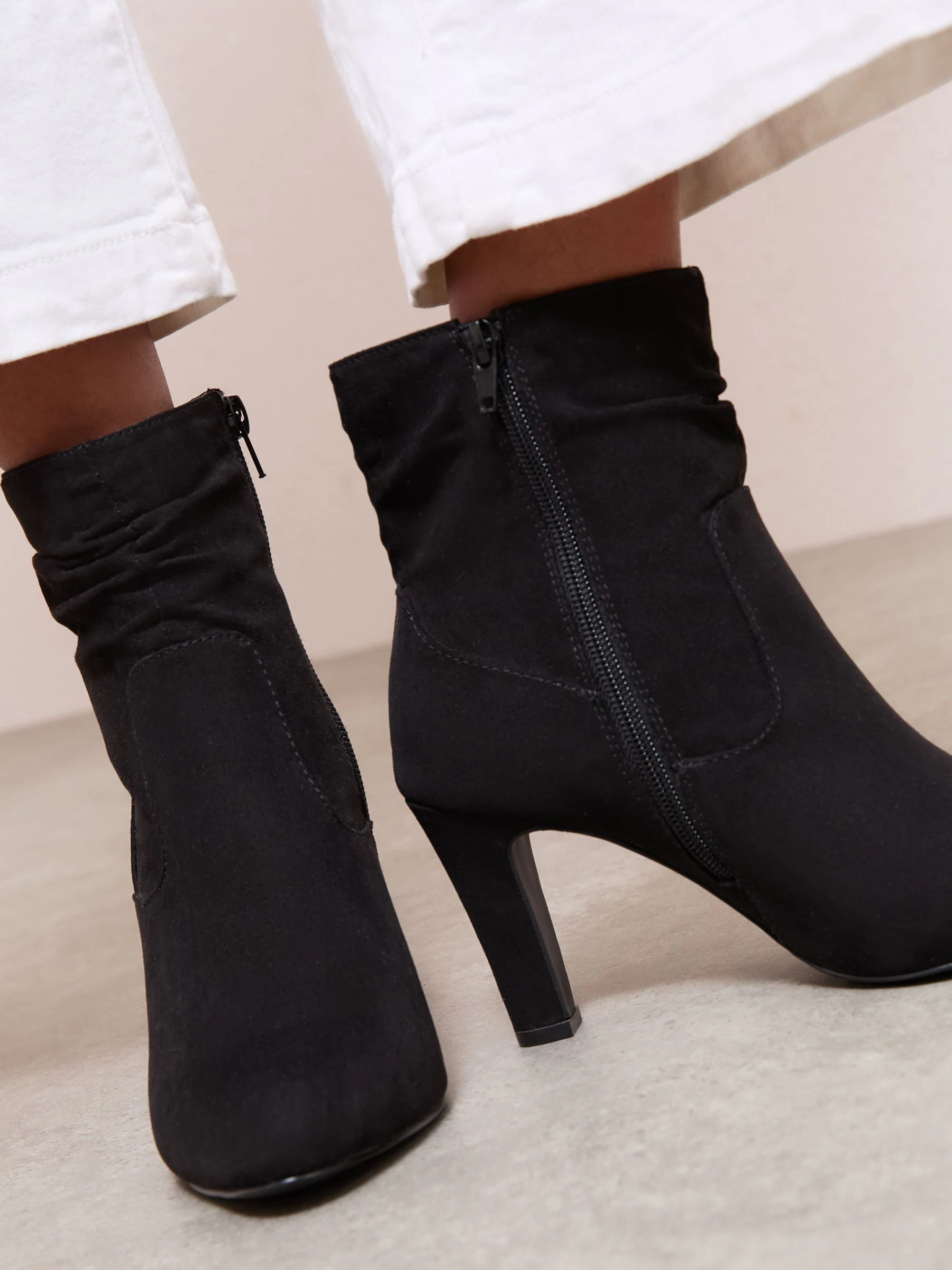 Friends Like These Mid Heel Ruched Faux Suede Ankle Boots