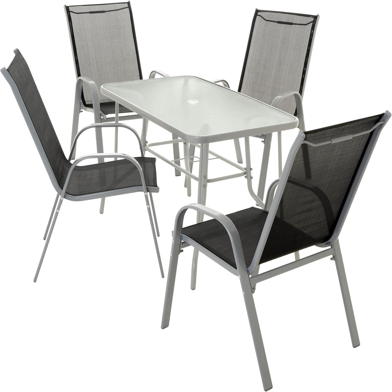Nexos 5-teiliges Gartenmöbel-Set aus 4 Stapelstühlen & Esstisch – Textilene schwarz/Rahmen grau