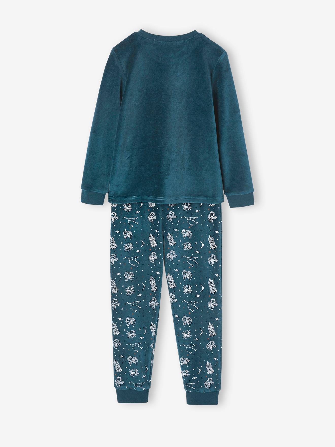 Pijama de veludo azul-petróleo com foguete que brilha no escuro para meninos