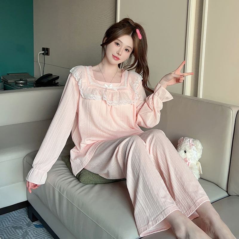 Siensien - Pyjamaset: lange mouwen, vierkante hals, strik, ruches, gewatteerde top + elastische taille, effen rechte broek