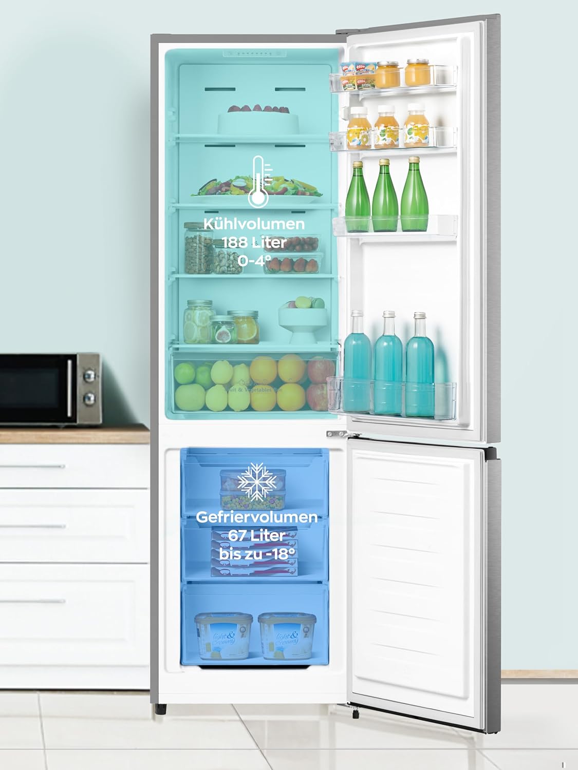 Heinrich´s Kühlgefrierkombination 255Liter, Kühlvolumen 188L, Gefrierfach 67L,LED Innenraumbeleuchtung, Kühlschrank Türanschlag wechselbar, leise 40dB,NO FROST, 6 Temperaturstufen,inox