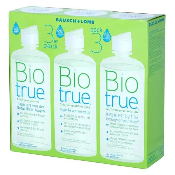 Solução multiuso para lentes de contato Biotrue da Bausch & Lomb, embalagem com 3 frascos de 300ml