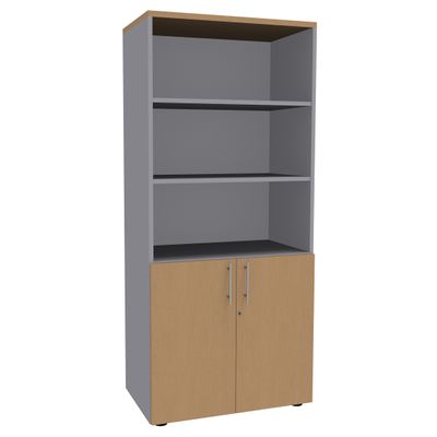 Bibliothèque IDRA/DUAL avec 2 portes basses - L80 x H180 x P47 - Corps alu - Portes et dessus imitation Hêtre