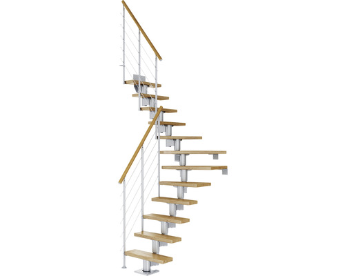 Pertura Spiros middentrap, parelgrijs, kwartslag, links/rechts onder, 75 cm, gelakte eikenhouten leuning, 11 treden / 12 stootborden