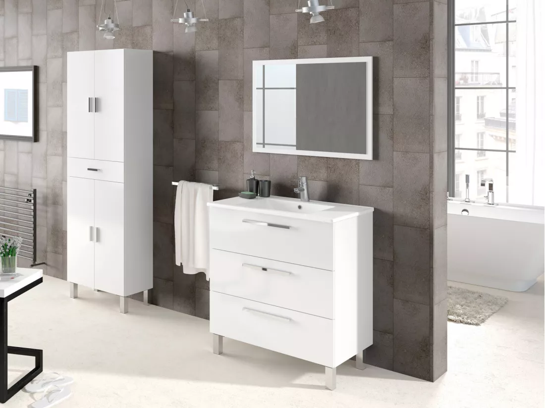 Meuble sous-vasque Dlo, Meuble de salle de bain, armoire 3 tiroirs et miroir, lavabo non inclus, 80x45h86 cm, Blanc brillant