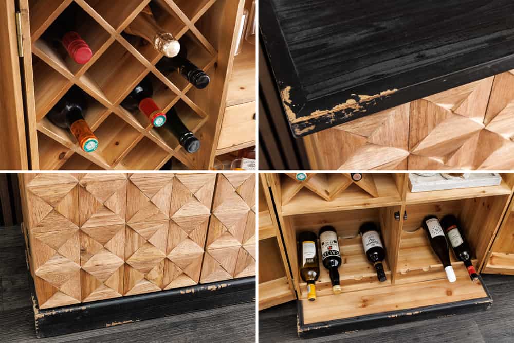 Design Barschrank BODEGA 120cm natur Pinienholz mit 3D-Front und Flaschenregal