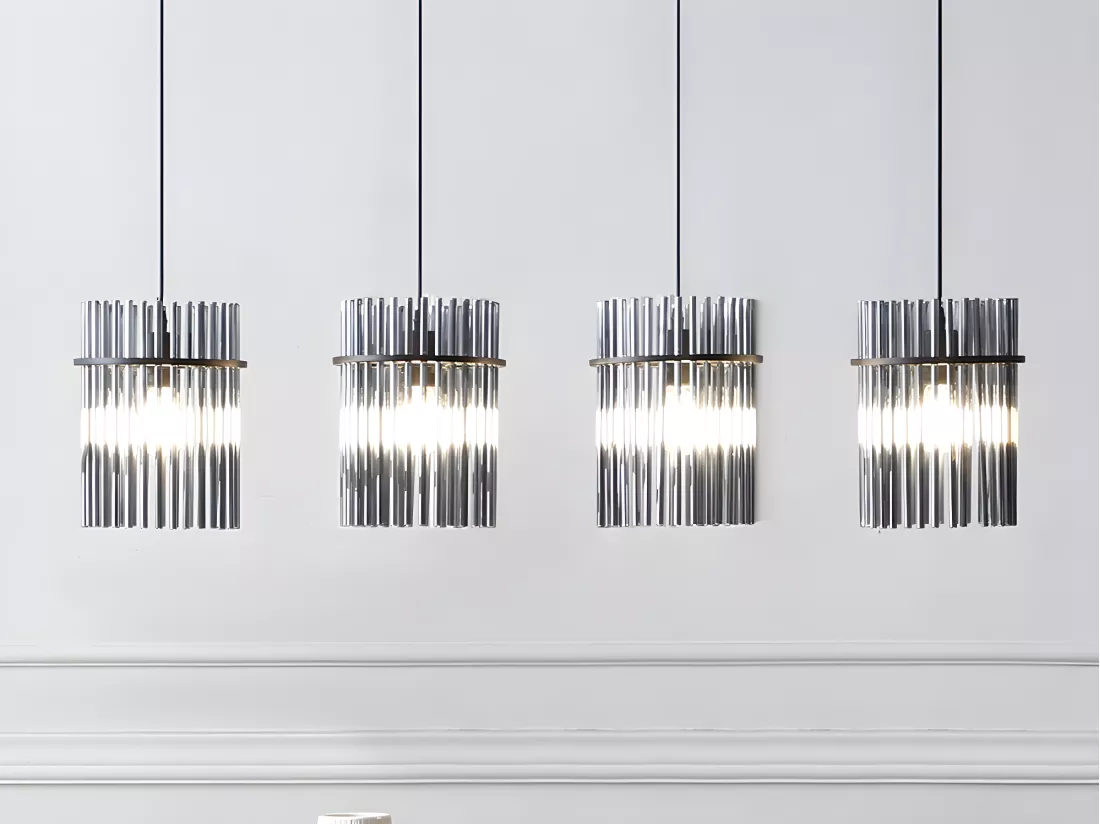 Lustre industriel - 4 abat-jours en verre fumé - L. 110 x H. 140cm - Noir - DIVO