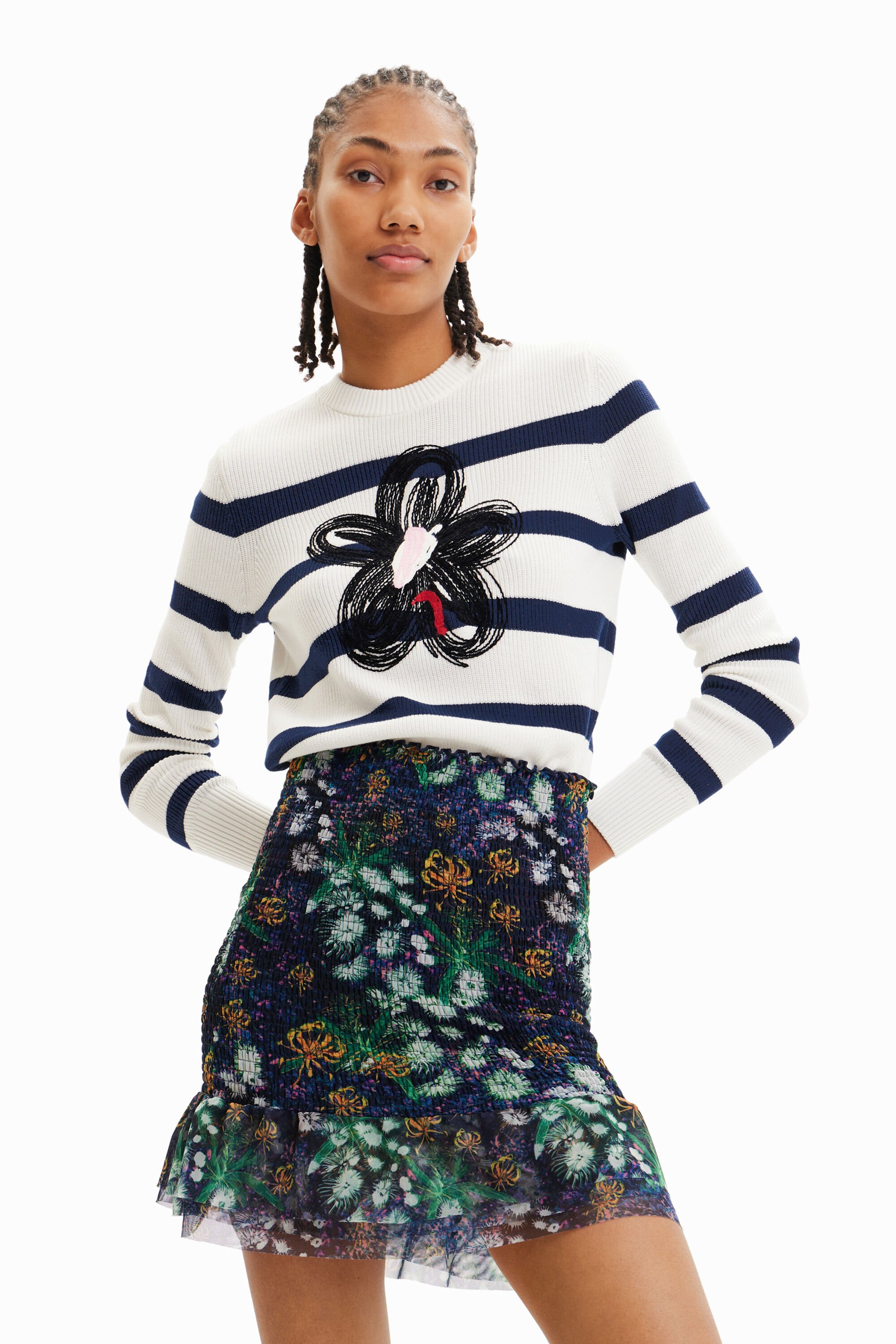 Pull rayures fleur