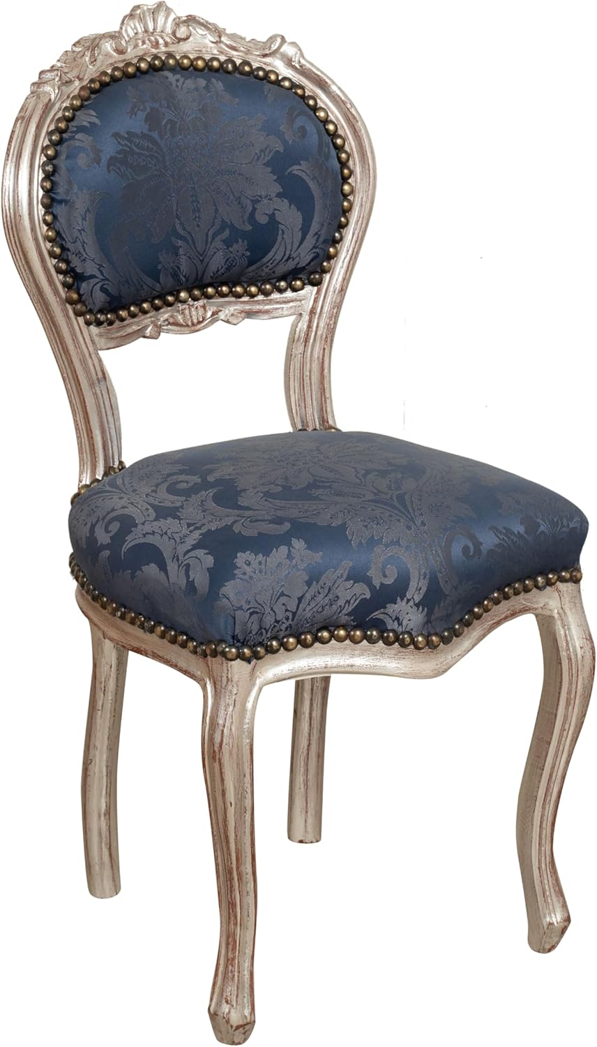 Biscottini Stühle aus Holz und Stoff Luigi XVI 90 x 45 x 42 cm - Gepolsterter Stuhl im französischen Stil in Silber und Blau - Sessel Schlafzimmer - Stühle Wohnzimmer Barock Stil