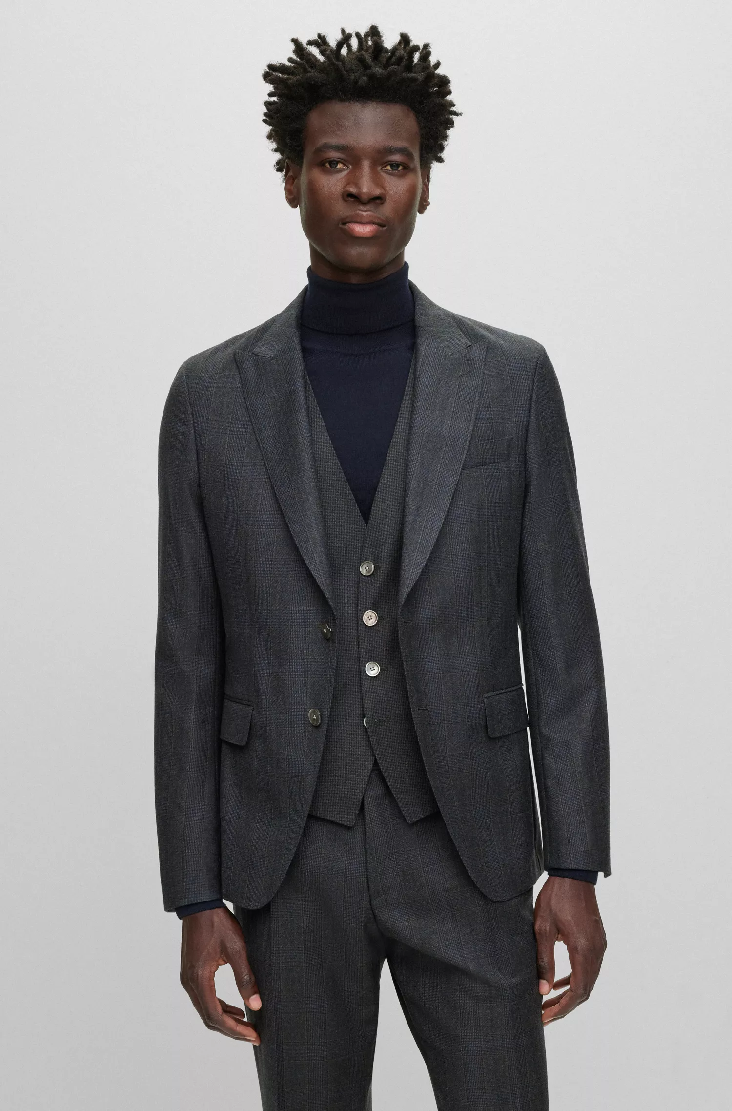 Terno BOSS preto slim fit em lã virgem xadrez.