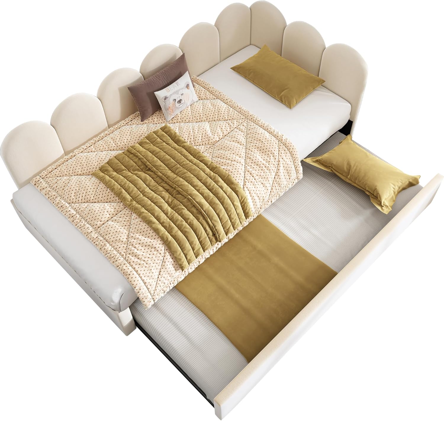 Polsterbett, Daybett 90x200cm,Tagesbett Schlafsofa mit Ausziehbett 90x190cm, Kinderbett mit Lattenrost(ohne Matratze), Samt, Beige