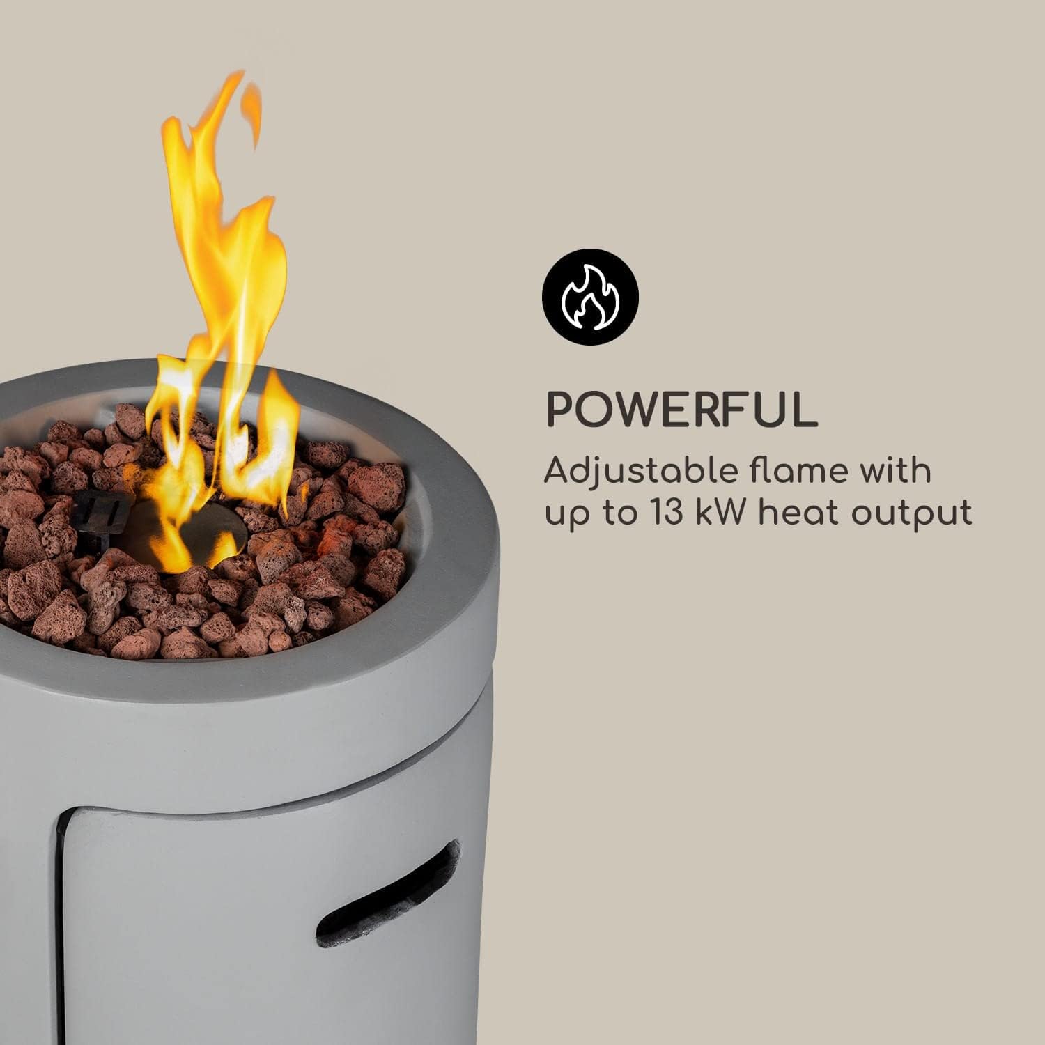 Blumfeldt Crete Gas-Feuerstelle, 13 kW Wärmeleistung, Flüssiggas, Edelstahl, 360° FireView, inkl. Regencover, Gasdruck: max. 50 mbar, zweistufiger Drehregler, hellgrau