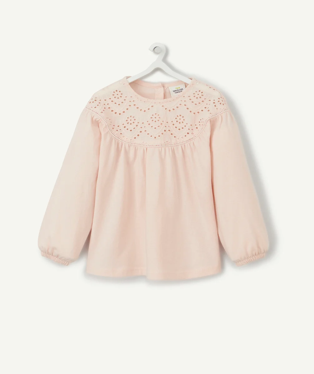 T-SHIRT ROSE PÂLE BÉBÉ FILLE EN COTON BIO ET BRODERIE ANGLAISE