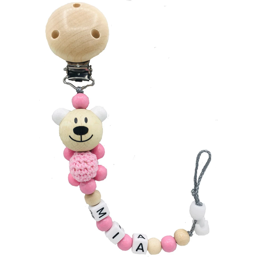 Schnullireich Schnullerkette mit Namen Häkelbär Natur Rosa