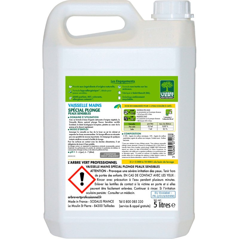 Liquide vaisselle mains sensibles L'Arbre Vert écologique - Bidon de 5 L