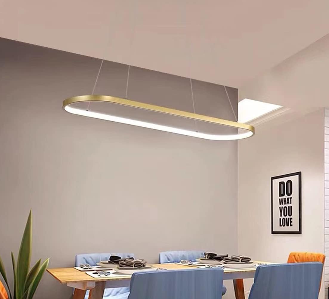 Pendelleuchte Oval Esstisch Büro Lampen, LED Hängeleuchte Dimmbar Deckenleuchte mit Fernbedienung, Modern Ring Design Kronleuchter für Esszimmer Küchenlampe Blendfrei (L90cm, Gold)