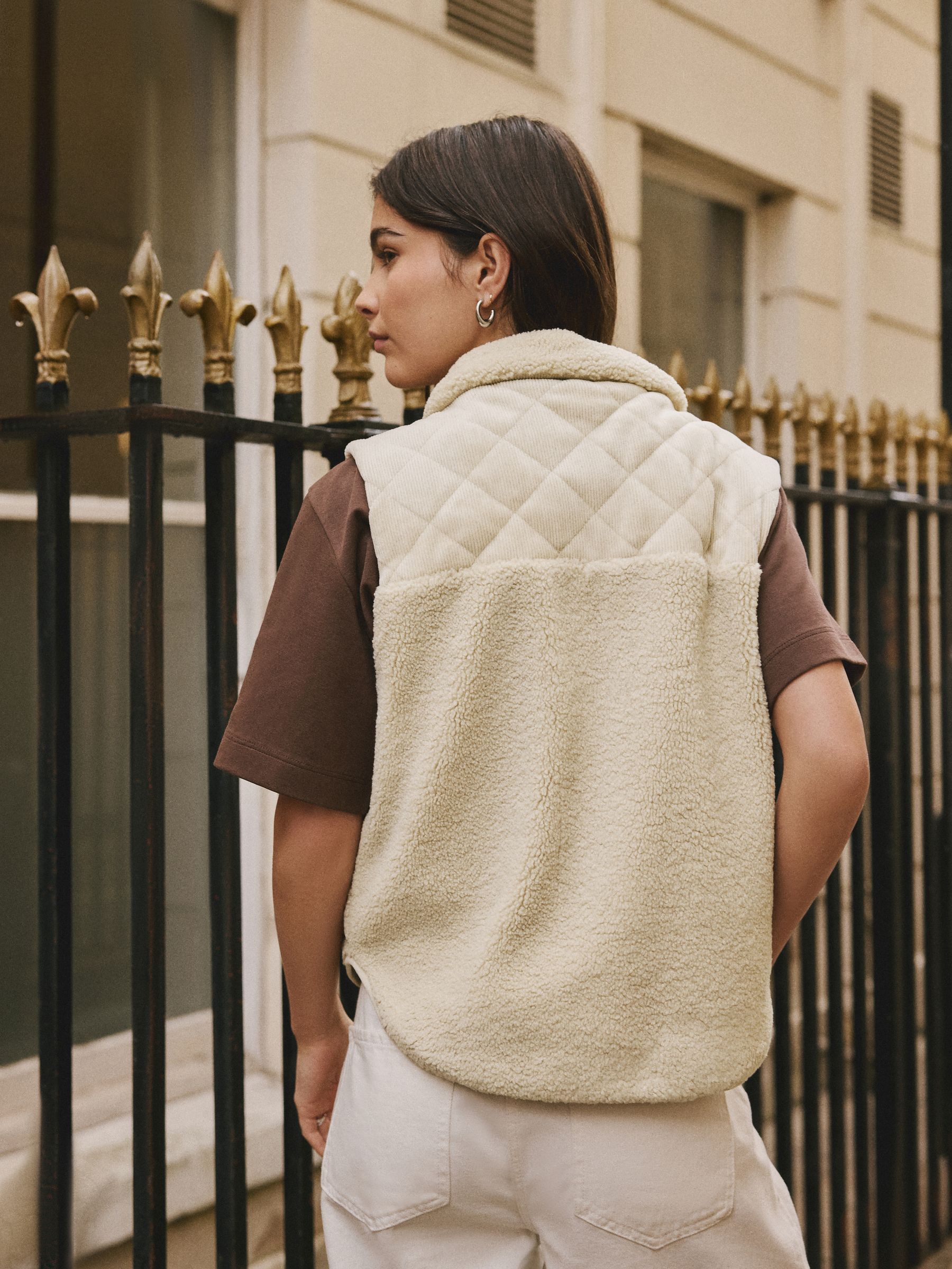 Ecru - Cord Borg Mix Zip Through Gilet