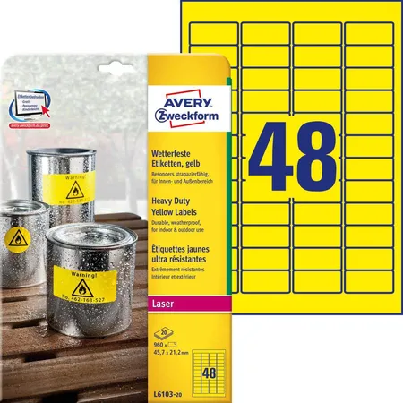 Avery Zweckform L6103-20 Wetterfeste Folien-Etiketten, 45,7 x 21,2 mm, 20 Bogen/960 Etiketten, gelb