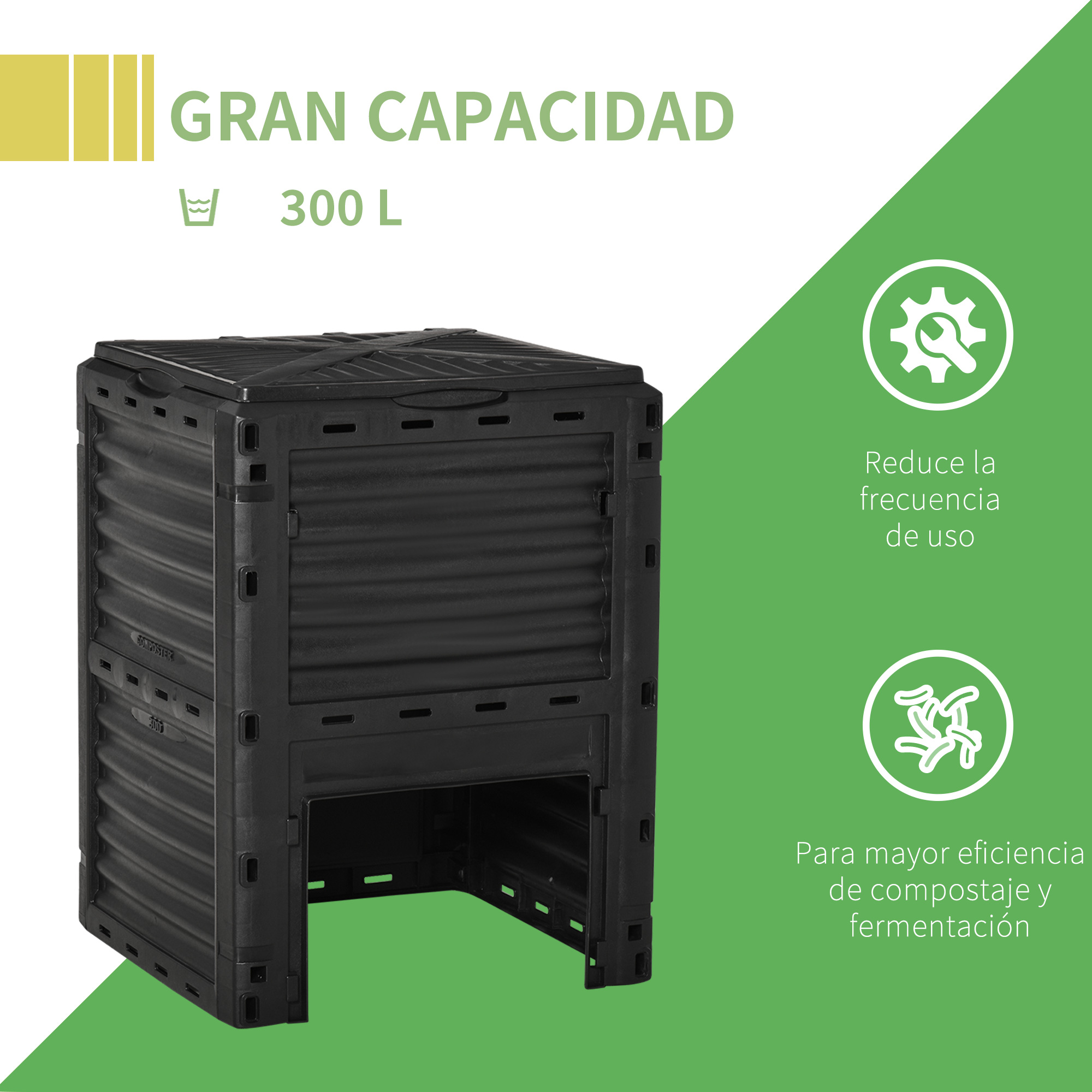 Compostor Outsunny com capacidade de 300 litros, compostor orgânico para produção de fertilizantes em jardins externos, com 48 aberturas de ventilação, 60,5 x 60,5 x 81,5 cm, preto.